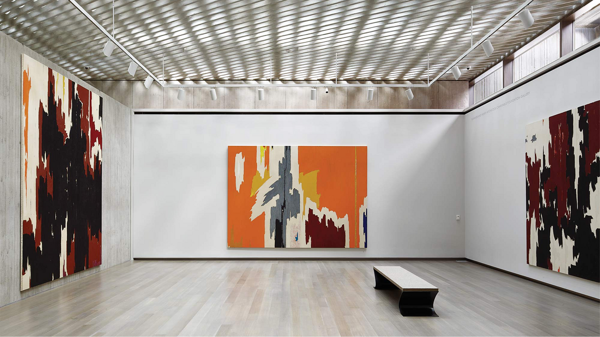 Image of 3 artworks by Clyfford Still, on display at the Clyfford Still Museum.